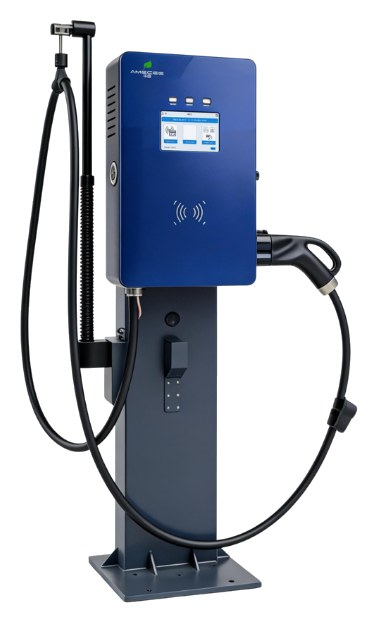 Compact pedestal-mounted 20kW to 40kW DC charger with touchscreen, RFID reader and cable management arm
