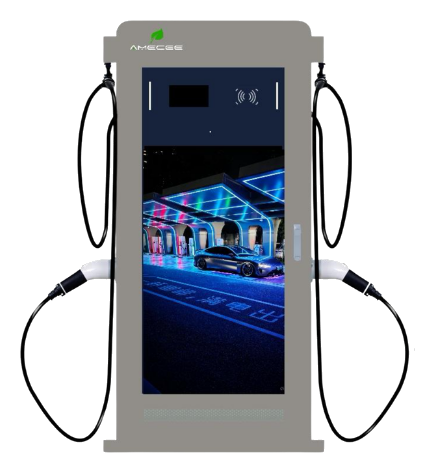 Floor-standing 22kW to 44kW AC charger with two tethered charging guns, tall advertising display and RFID reader